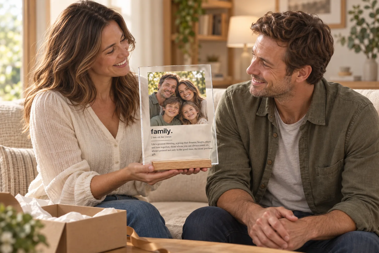 Persoonlijk familieframe van MomentFrame in een warm en rustig interieur