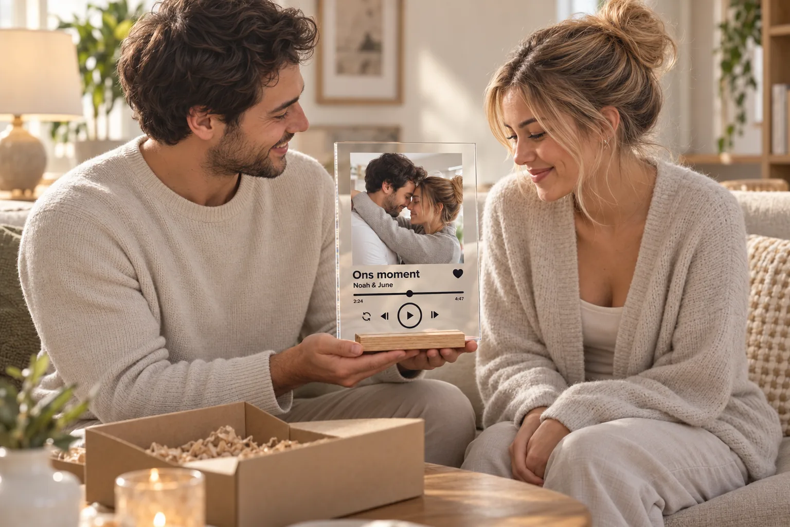 Koppel unbox het gepersonaliseerde Muziek Frame in de woonkamer